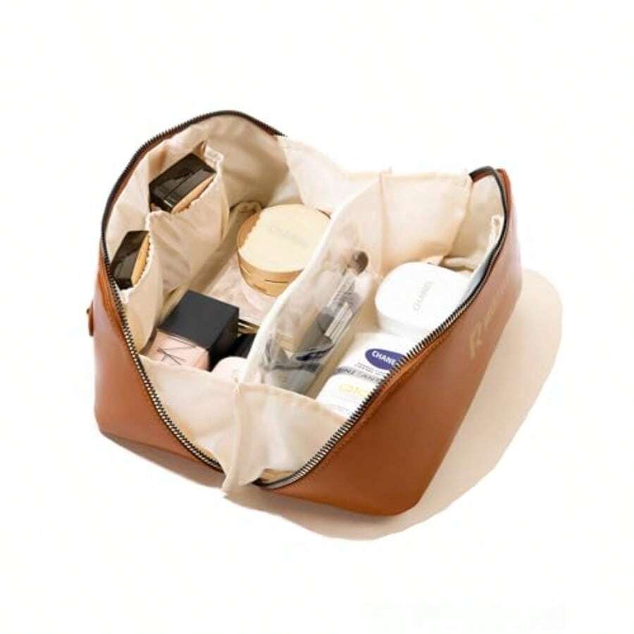 Travel Makeup Bag Large Capacity Waterproof Portable Open Flat Toiletry Bag For Women With Divider And Handle In Pink Ideal For Holiday Gifts - 如圖所示 - 查看 1