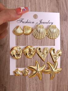 2-12-24件装新款时尚轻盈海星、贝壳、海螺多元素耳环，适合夏季旅行、海滩度假和日常佩戴 - 金色 - 查看 10