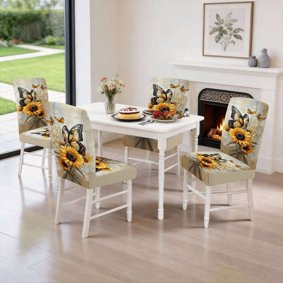 1/2/4/6/30 piezas Fundas de silla de comedor con estampado floral y de girasol, diseño cálido y pastoral con decoración de mariposas, adecuado para mesa de comedor y decoración de habitación, fundas de silla extraíbles y lavables