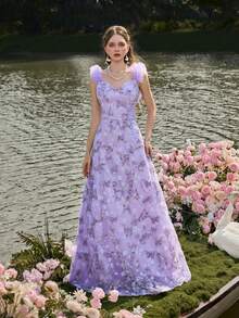 Faeriesty Elegant Layered Ruffle Sleeve Mesh Evening Gown, Velvet Embroidered Pattern - Backless Design Suitable For Met Gala, Bridal Party, Formal Dinner Wedding Spring - Lilac Purple - View 4