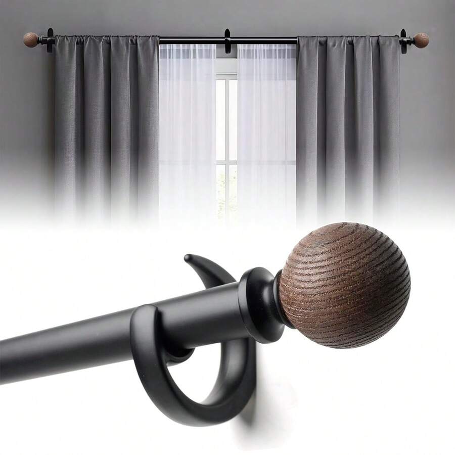 1 Juego de 37 - 149 pulgadas Barras de cortina de textura de madera ajustables, con decoración de parte superior redonda, barras de cortina retráctiles resistentes y duraderas, adecuadas para juegos de cortinas completos en salas de estar y dormitorios - Esfera de veta de madera en forma de media luna - Ver 1