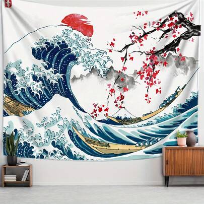 1件 福春山波浪与居所印花挂毯 家居装饰 墙饰