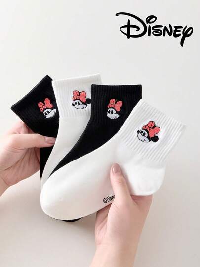  4 par Disney Minnie Mouse broderade strumpor, söta tecknade Disney-mönster, moderiktiga, avslappnade och andningsbara strumpor lämpliga för vardagsbruk, skolstart, högtidsgåvor
