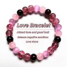 1pc Natural Pink Love Stone Bracelet - Rose Quartz And Red Stone Beads, Attracts Love, Good Luck And Positive Energy, Marble Pink To Fuchsia Gemstone Jewelry, Valentine's Day, Anniversary Gift (No Electroplating, Suitable For Sensitive Skin) Obsidian. - Multicolor - View 8