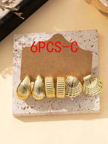 6-18pcs/Set Fashion Gold Starfish, Shell, Smooth Water Drop, Textured C-Shape Earring Set, Suitable For Summer Travel And Vacation Wear - Yellow Gold - View 7