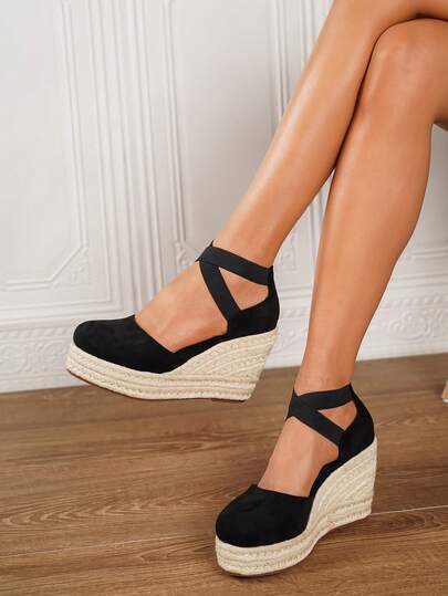 Women's Wedge & Platform Slip-On Espadrille Shoes, Black Round Toe Vacation Beach Woven Strap Sandals, Vacation Rope Sole Elastic Band Paired With Women's Shoes