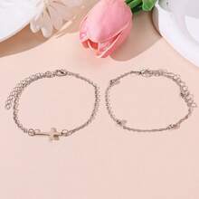 2条简约复古不锈钢十字链叠戴手链，男女皆宜 - 銀色 - 查看 11