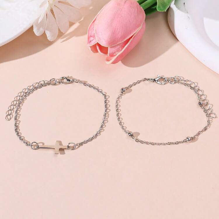 2条简约复古不锈钢十字链叠戴手链，男女皆宜 - 銀色 - 查看 10