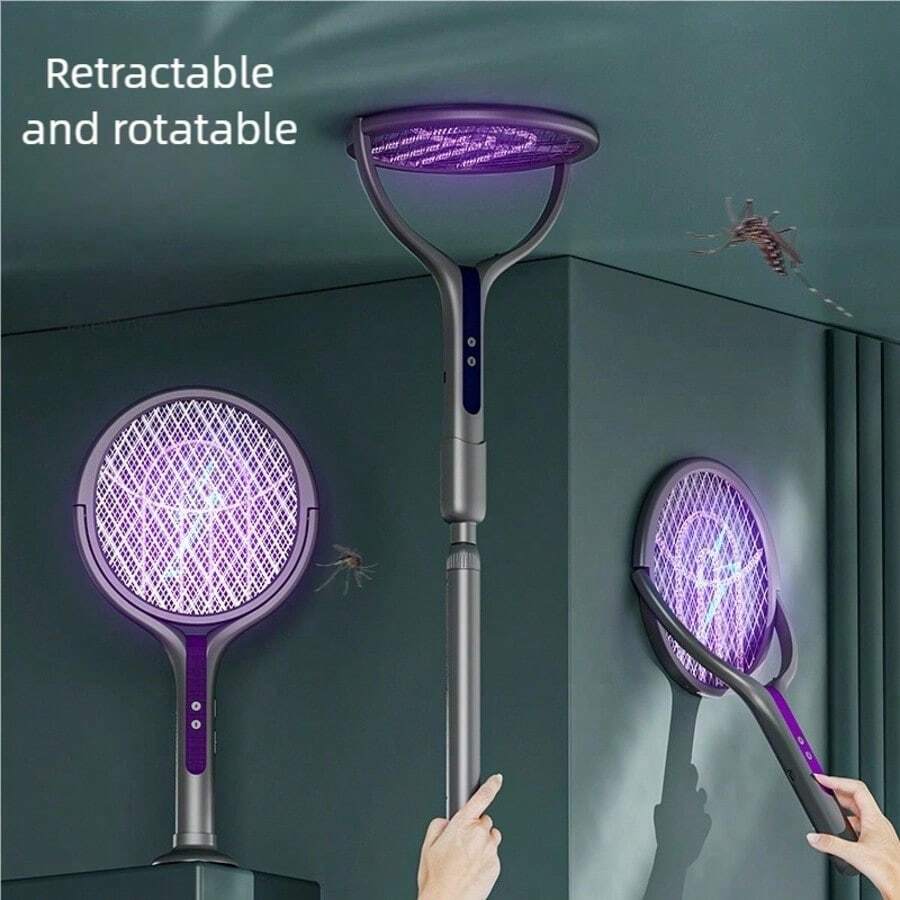 OBOVAY 6-In-1 Rechargeable Rotating Electric Mosquito Swatter With Telescopic Handle, Electric Mosquito Racket, Indoor Insect & Fly Killer, Mosquito Repellent Device, 1200mAh