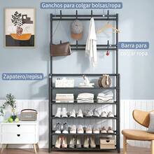 EDVELLA 5 niveles organizador multifuncional vertical, perchero para zapatos y abrigos de 168 cm de alto con 8 ganchos, mueble de almacenamiento para ropa, sombreros y zapatos con estantes de gran capacidad, mueble independiente ahorrador de espacio para entrada, pasillo, oficina y apartamentos pequeños, diseño nórdico moderno - Negro - Ver 3