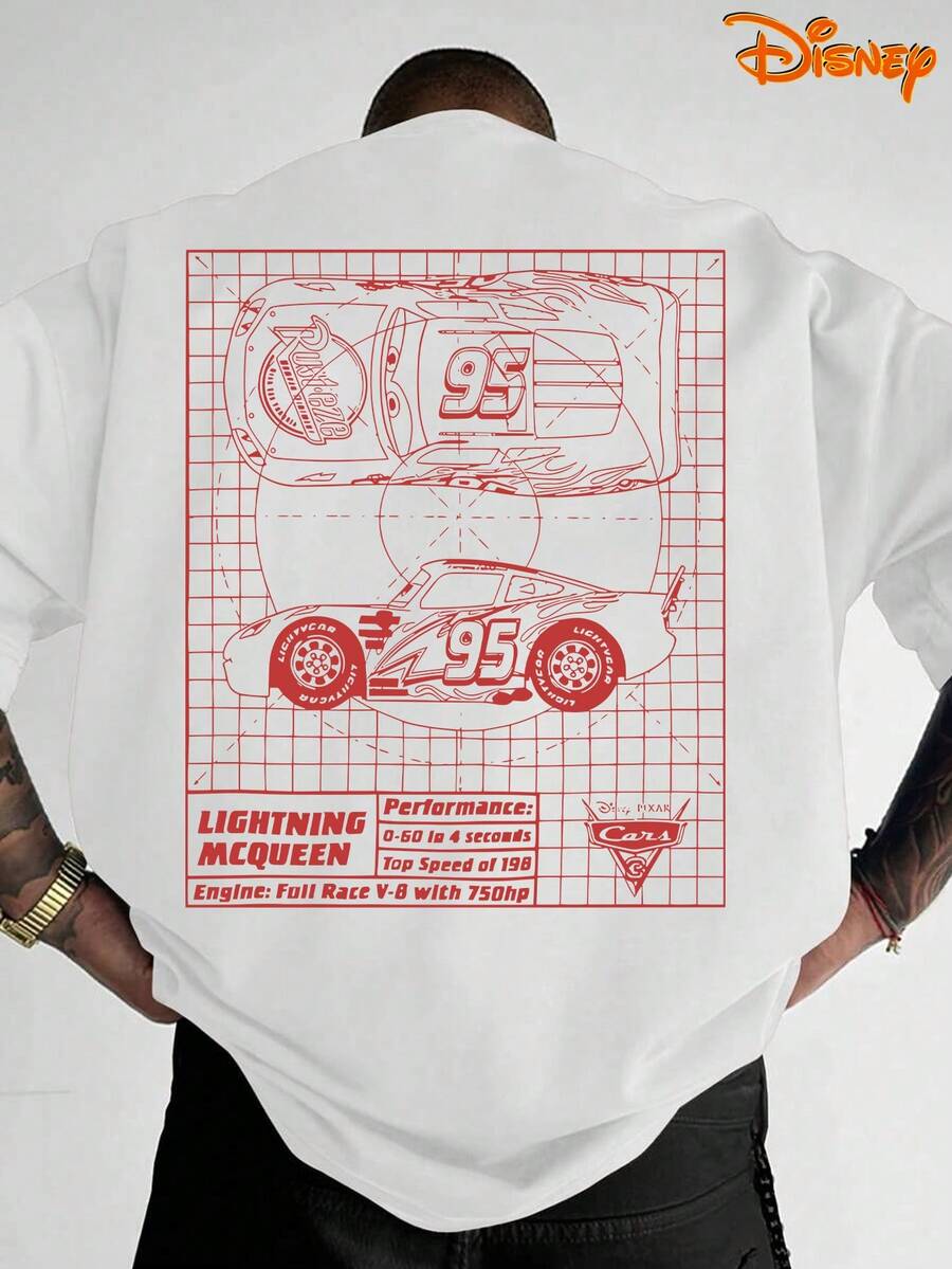 Disney Men's Casual T-Shirt, Lightning McQueen Car Blueprint Sketch Print, Retro Racing Design, Comfortable Fit, Perfect For Nostalgic Style & Casual Daily Wear - trắng - Xem 1