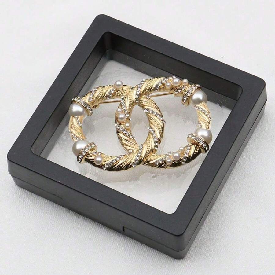 New Stylish Light Luxury Brooch, Noble Temperament, Small  Double C Brooch, Pearl And Rhinestone Jewelry - 彩色 - 查看 1