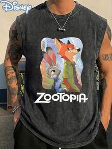 Disney Official Licensed Zootopia Nick & Judy City Stroll Vintage Washed 230g Tank Top Unisex - 黑色 - 查看 1