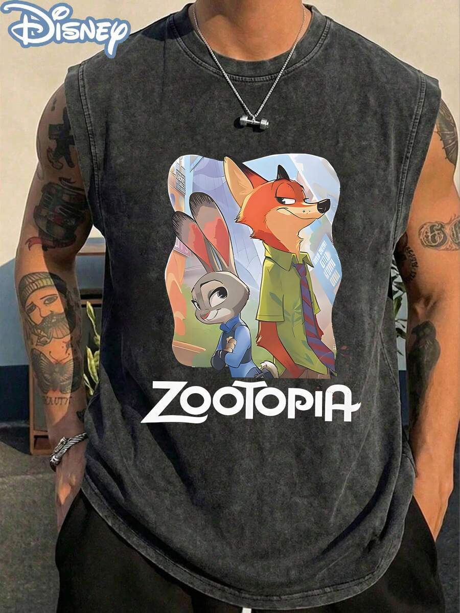 Disney Official Licensed Zootopia Nick & Judy City Stroll Vintage Washed 230g Tank Top Unisex - 黑色 - 查看 1