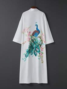Áo khoác kimono satin kiểu phương Đông họa tiết chim công trắng và hoa anh đào – Kiểu dáng thanh lịch, mở phía trước, nhẹ nhàng, hoàn hảo cho kỳ nghỉ hè ở bãi biển, che chắn bikini và trang phục mặc nhà thoải mái. - trắng - Xem 1