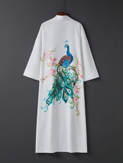 Áo khoác kimono satin kiểu phương Đông họa tiết chim công trắng và hoa anh đào – Kiểu dáng thanh lịch, mở phía trước, nhẹ nhàng, hoàn hảo cho kỳ nghỉ hè ở bãi biển, che chắn bikini và trang phục mặc nhà thoải mái.