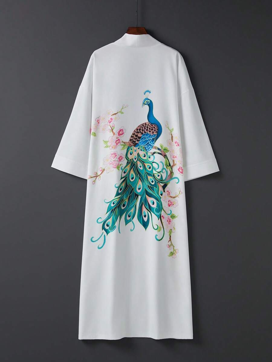 Áo khoác kimono satin kiểu phương Đông họa tiết chim công trắng và hoa anh đào – Kiểu dáng thanh lịch, mở phía trước, nhẹ nhàng, hoàn hảo cho kỳ nghỉ hè ở bãi biển, che chắn bikini và trang phục mặc nhà thoải mái. - trắng - Xem 1