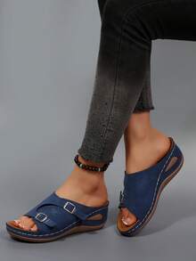 Summer New Comfortable Flat Non-Slip Beach Sandals, Casual Metal Buckle Fashion Versatile Open Toe Thick Sole Slides - Navy Blue - View 6