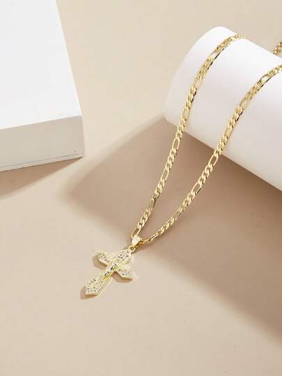 1pc Fashionable Exquisite Luxurious Jesus Cross Pendant Necklace, 14k Gold Plated Copper Cuban Chain Hip Hop Religious Jewelry, Holiday Blessing Gift Church Prayer