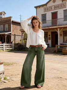 Women's Fashionable Straight Leg Army Green Jeans, Long Design With Pockets, Zipper And Button, Medium Stretch, Very Comfortable - Army Green - View 4