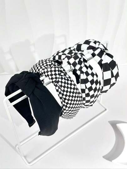 4条时尚简约黑白格纹发带，女士化妆洗脸发饰，多功能宽结发夹，通勤必备