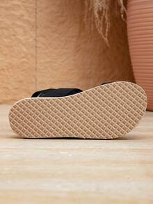 Women's Minimalist Slide Sandals, Classic Black Elastic Band Ladies Shoes, Striped Shoelace Platform Thick Sole Sandals - Black - View 7