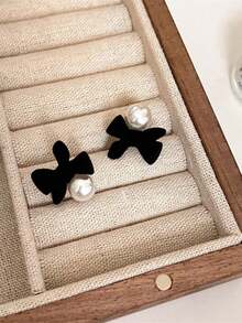 1 Pair Fashionable Versatile Elegant Delicate Bowknot Faux Pearl Earrings, Suitable For Women's Daily And Holiday Wear - Black - View 4