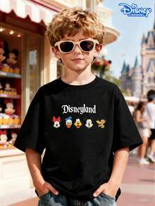 Disneyland Family Double-Sided Print Kids T-Shirt, Black Loose Crew Neck Top, Small Character Lineup Front + Mickey, Minnie & Friends Back, With "Where Dreams Come True" Slogan, Full Of Vibe, Breathable Skin-Friendly, All-Match For Summer Park & Street, Unisex - Black - View 2