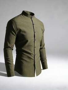 Men's Casual Long Sleeve Shirt For Daily Commute, Spring/Summer - Army Green - View 1