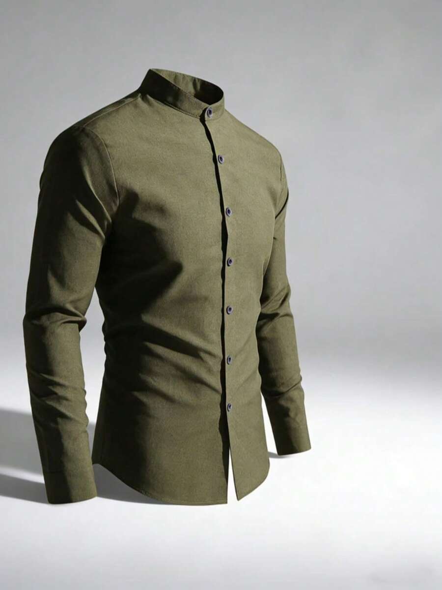 Men's Casual Long Sleeve Shirt For Daily Commute, Spring/Summer - Army Green - View 1