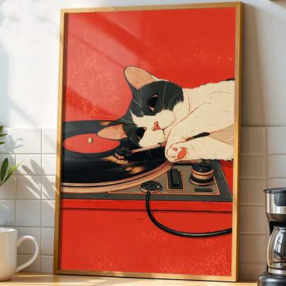 1 pieza Impresiones artísticas | Impresiones artísticas de gato lindo DJ tocando discos de vinilo | Decoración de pared de estilo de dibujos animados retro | Artes de pared de lienzo sin marco | Adecuado para el hogar, la oficina, el baño, la cocina | Ideal para Pascua, San Valentín, Ramadán, pósteres de decoración de habitaciones Decoración del hogar Arte de pared sin marco