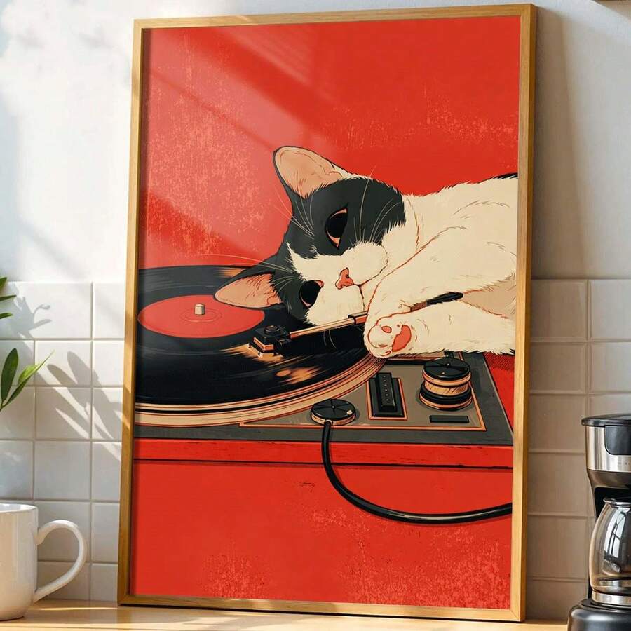 1幅艺术版画 | 可爱猫咪DJ播放黑胶唱片艺术版画 | 复古卡通风格墙面装饰 | 无框帆布墙画 | 适用于家居、办公室、浴室、厨房 | 非常适合复活节、情人节、斋月、房间装饰海报家居装饰墙画无框