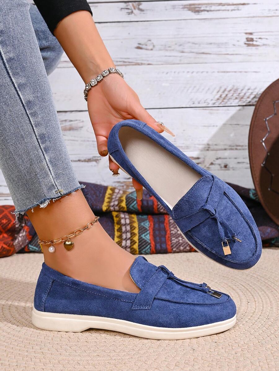 Giày lười nữ thời trang màu trơn mũi tròn thoáng khí, giày búp bê đế mềm mại thoải mái, kiểu dáng thường ngày, có khóa cài trang trí tua rua. - Màu xanh lam - Xem 1