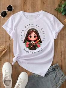 Camiseta Feminina Estampada Religiosa Santa Rita Rogai por nós - Branco - Visão 1