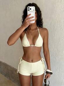 PEPPERMOLLY 2026春夏优雅性感纯色两件式泳衣，搭配复古短裤和仿珍珠装饰，时尚比基尼，适合海滩、泳池和运动度假。 - 米白色 - 查看 6