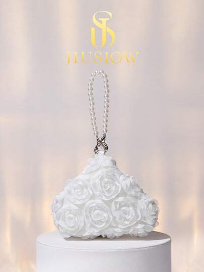 Glintelle Elegant White Vintage Floral Pattern Evening Bag, Rose Flower Clutch, Paired With Premium Pearl Wristlet Handbag, Suitable For Parties, Weddings, Galas, Celebrations, Valentine's Day, Women's Gift, Formal Attire Matching, Formal Occasions