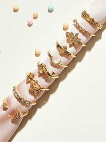 9pcs Gold-Tone Stackable Ring Set, Minimalist Moon, Flower And Crown Shaped Stacking Rings - Gold - View 5