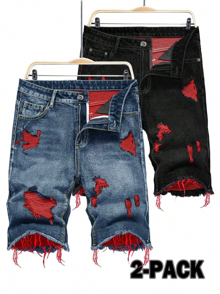 2-Pack Of Men's Casual And Stylish Color-Blocked Jeans, Perfect For Summer. - 黑色+藍色 - 查看 1