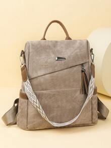 High-Quality Leather Women's Backpack, Classic Female Student Bookbag, Travel Rucksack, Large Capacity - Khaki - View 4