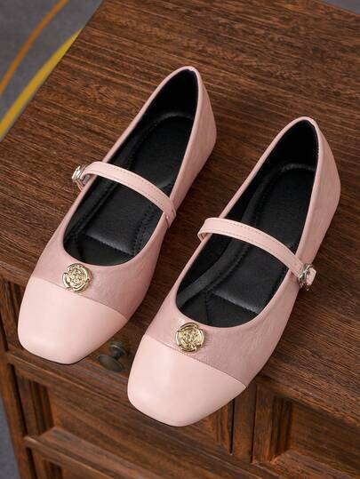 Women's Fashion Square Toe Low Vamp Color Block Gold Button Shoes, Office Casual Versatile Shoes, Outdoor Leisure High-End Elegant Ballet Flat Shoes For Spring Summer