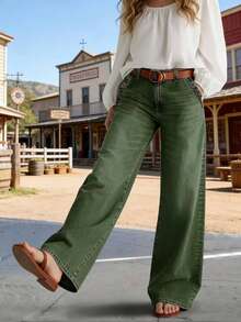 Women's Fashionable Straight Leg Army Green Jeans, Long Design With Pockets, Zipper And Button, Medium Stretch, Very Comfortable - Army Green - View 6