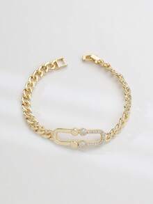 Fashion U-Shape Clasp Bracelet Inlaid With Cubic Zirconia Versatile Seasonal Fashion Piece Unisex - Gold - View 4