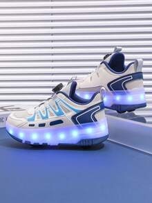 Youth LED Light Up Roller Skate Shoes, Wheels Retractable, All Season LED Lighting Wheels Sneakers, Fashionable Streetwear Style Plaid Skateboard Shoes With Hook And Loop And Rechargeable Lithium Polymer Battery, Outdoor Sports Low-Top Roller Skating Shoes With Breathable PU Upper And Durable TPR Sole - Mint Blue - View 3