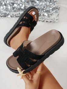 New Fashion Buckle Open Toe Platform Slippers, Fashionable Slides, Comfortable & Versatile, Dirt-Resistant Beach Sandals Suitable For Daily Wear,Summer Outfits,Travel Essential - Black - View 7