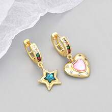 1 Pair Cat Eye Stone Asymmetric Star & Heart Pendant Earrings, Women's Gold-Tone Cubic Zirconia Dangle Earrings, Jewelry Gift For Daily Wear - Multicolor - View 5