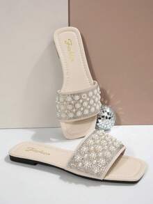 Plus Size Women's Sandals, Backless Summer New Silver Square Toe Flat Sandals, Fashion Non-Slip Soft Bottom Rhinestone Slippers, Suitable For Dresses, Leg Lengthening, Beach, Suitable For Matron - White - View 2