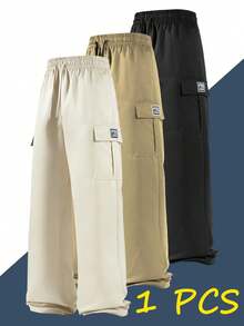 Men's Fashion Cargo Pants, Straight Leg, Elastic Waist, Multi-Pocket, Loose Fit, Solid Color, Side Embroidered Logo Long Pants - Beige - View 5