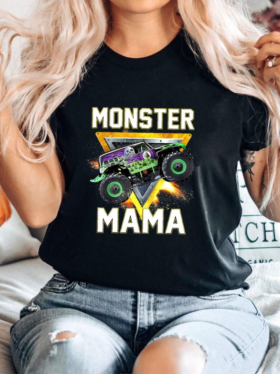Women T-Shirt Print Monster Truck Mama Monster Truck Are My Jam Truck Lovers T Shirt - màu đen - Xem 1
