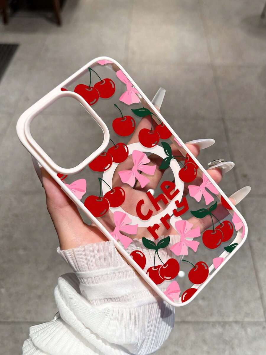 Cherry Bow Pattern Magnetic Adsorption Anti-Drop Phone Case, Supports Wireless Charging, Suitable For Samsung S24/S25/S23 S Series And A55/A15/A15 A Series, 17, 16 Pro Max, 14/13, 12, 11 Pro Max, 15 Pro Max, 17 Pro Max, Can Be Used As Birthday Gift, Girlfriend, Boyfriend Or Self-Use - Pink - View 1