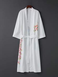 Áo khoác kimono satin kiểu phương Đông họa tiết chim công trắng và hoa anh đào – Kiểu dáng thanh lịch, mở phía trước, nhẹ nhàng, hoàn hảo cho kỳ nghỉ hè ở bãi biển, che chắn bikini và trang phục mặc nhà thoải mái. - trắng - Xem 2